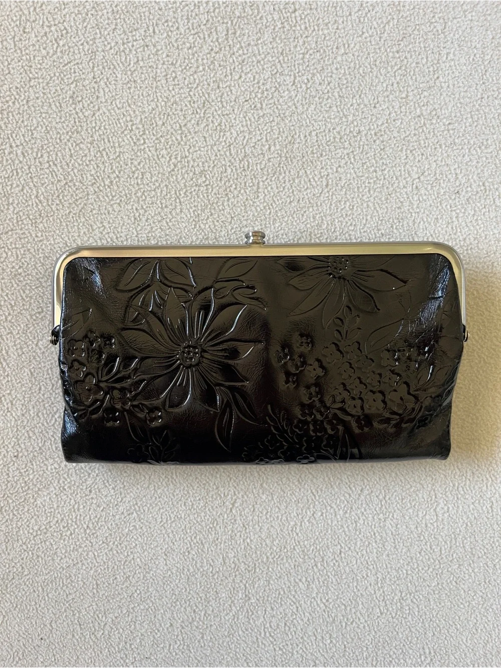 HOBO Black Floral Flower Embossed Leather Wallet Clutch Paisley Lining Silver